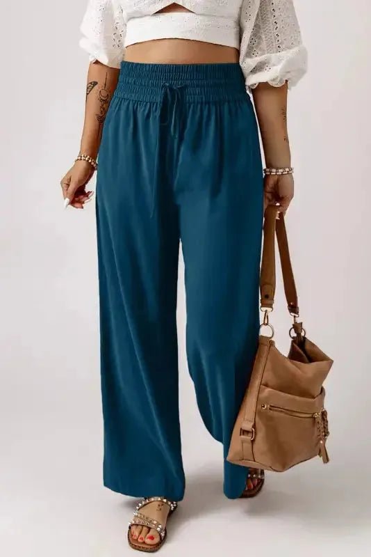 Black Drawstring Elastic Waist Casual Wide Leg Pants - StepByStep