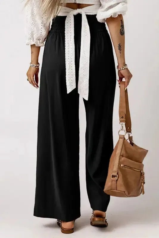 Black Drawstring Elastic Waist Casual Wide Leg Pants - StepByStep