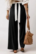 Black Drawstring Elastic Waist Casual Wide Leg Pants - StepByStep