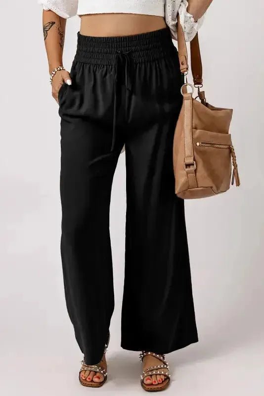 Black Drawstring Elastic Waist Casual Wide Leg Pants - StepByStep