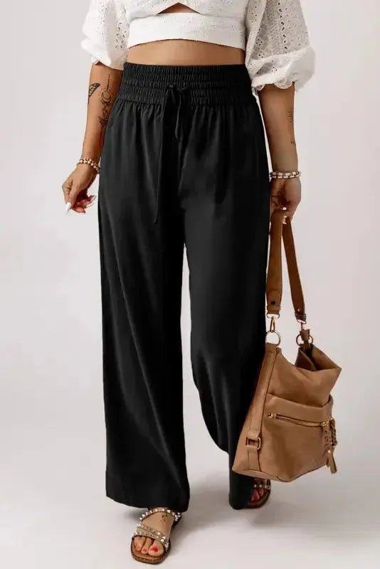 Black Drawstring Elastic Waist Casual Wide Leg Pants - StepByStep