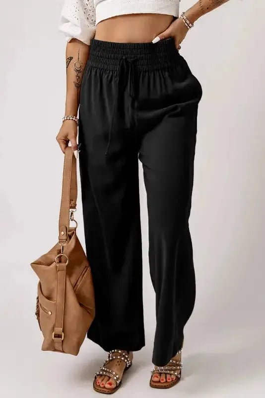 Black Drawstring Elastic Waist Casual Wide Leg Pants - StepByStep