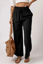Black Drawstring Elastic Waist Casual Wide Leg Pants - StepByStep
