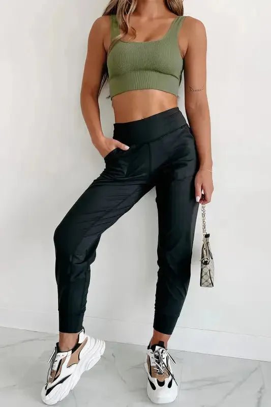 Black Exposed Seam High Waist Joggers - StepByStep