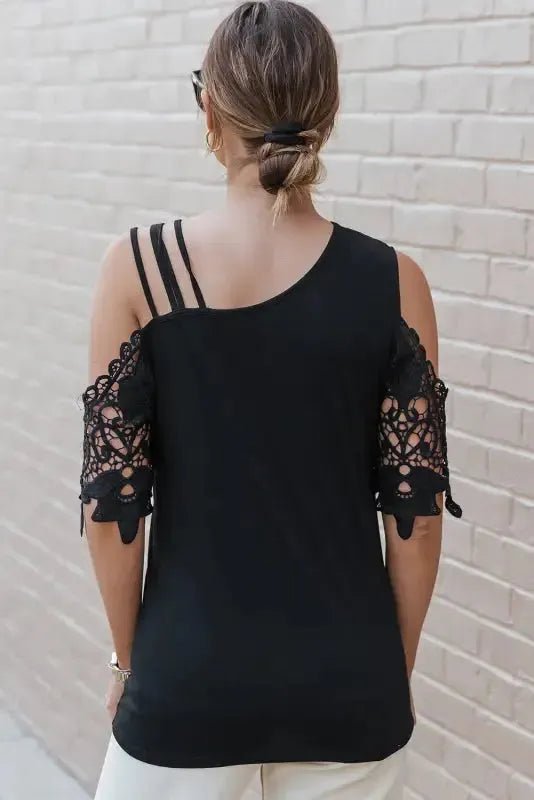 Black Lace Splicing Strappy Cold Shoulder Top - StepByStep