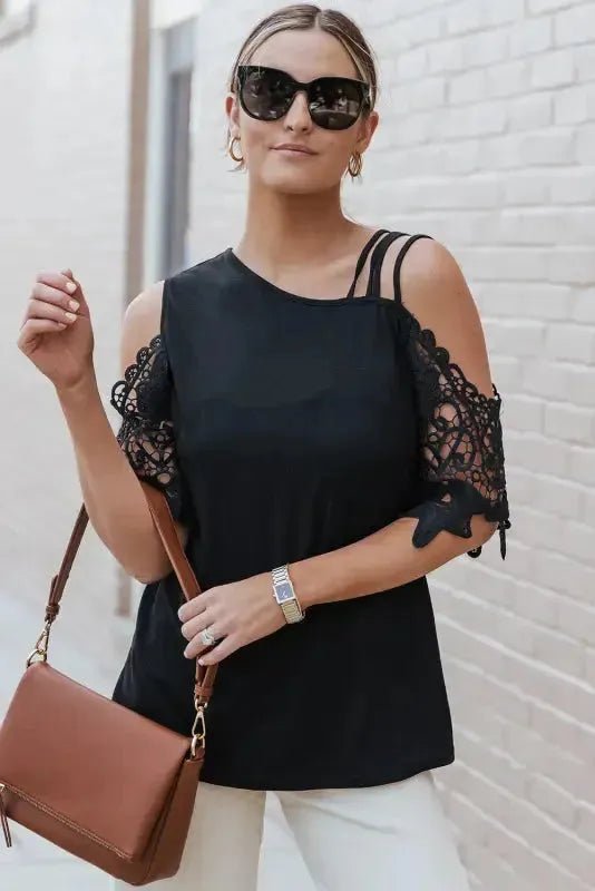 Black Lace Splicing Strappy Cold Shoulder Top - StepByStep