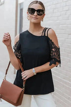 Black Lace Splicing Strappy Cold Shoulder Top - StepByStep
