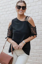 Black Lace Splicing Strappy Cold Shoulder Top - StepByStep