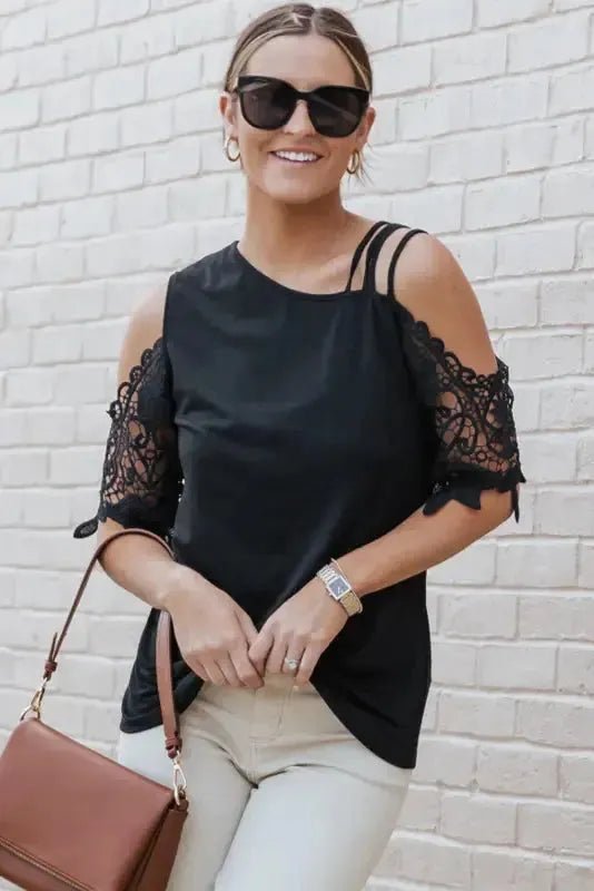 Black Lace Splicing Strappy Cold Shoulder Top - StepByStep