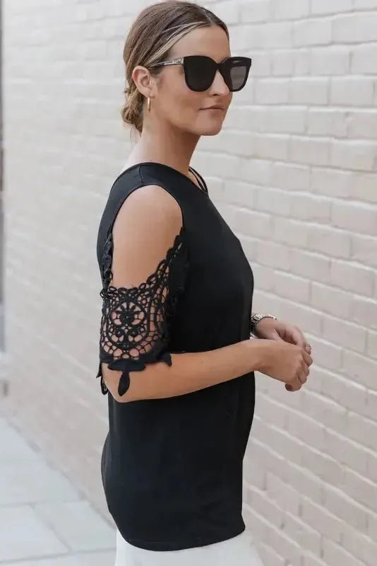 Black Lace Splicing Strappy Cold Shoulder Top - StepByStep