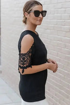 Black Lace Splicing Strappy Cold Shoulder Top - StepByStep