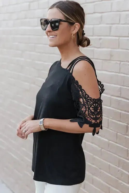 Black Lace Splicing Strappy Cold Shoulder Top - StepByStep