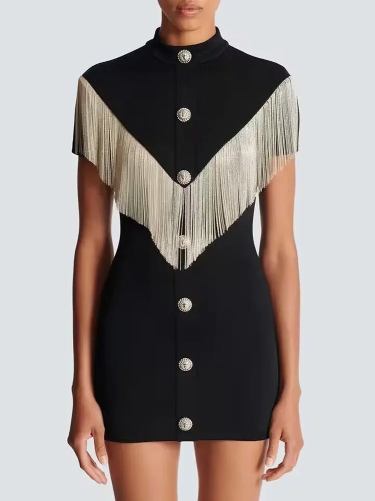 Black Mini Bodycon Dress with Button Tassel For Women, Meatpacking District, BYMANYC New York. - StepByStep