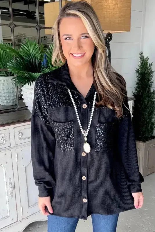 Black Sequin Patch Chest Pocket Corded Shacket - StepByStep