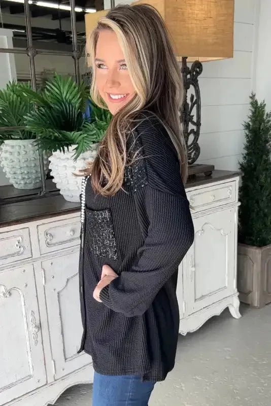 Black Sequin Patch Chest Pocket Corded Shacket - StepByStep