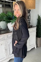 Black Sequin Patch Chest Pocket Corded Shacket - StepByStep