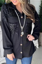 Black Sequin Patch Chest Pocket Corded Shacket - StepByStep