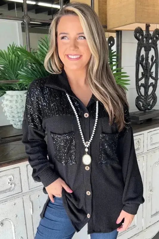 Black Sequin Patch Chest Pocket Corded Shacket - StepByStep