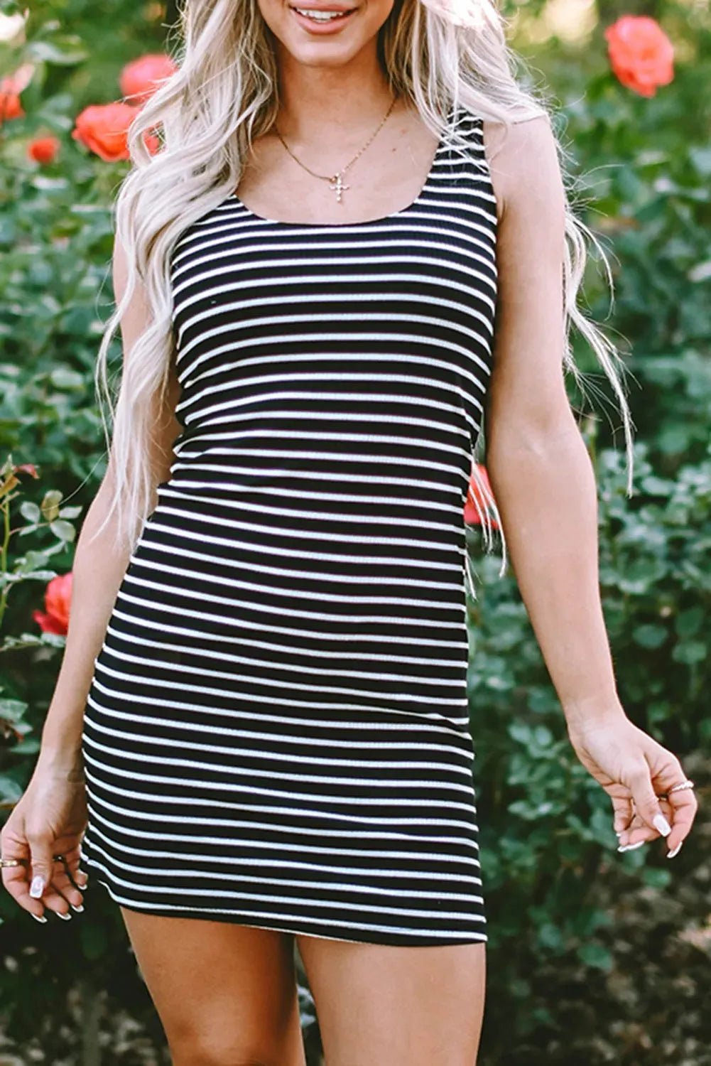Black Stripe Ribbed Knit Sleeveless Mini Dress - StepByStep