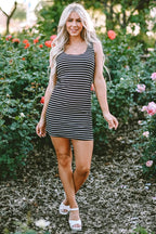 Black Stripe Ribbed Knit Sleeveless Mini Dress - StepByStep