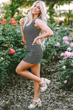 Black Stripe Ribbed Knit Sleeveless Mini Dress - StepByStep