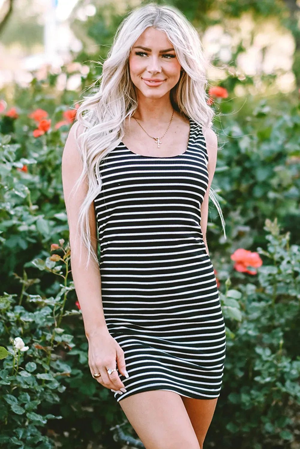 Black Stripe Ribbed Knit Sleeveless Mini Dress - StepByStep