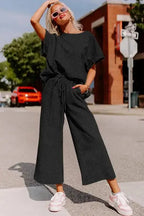 Black Textured Loose Fit T Shirt and Drawstring Pants Set - StepByStep