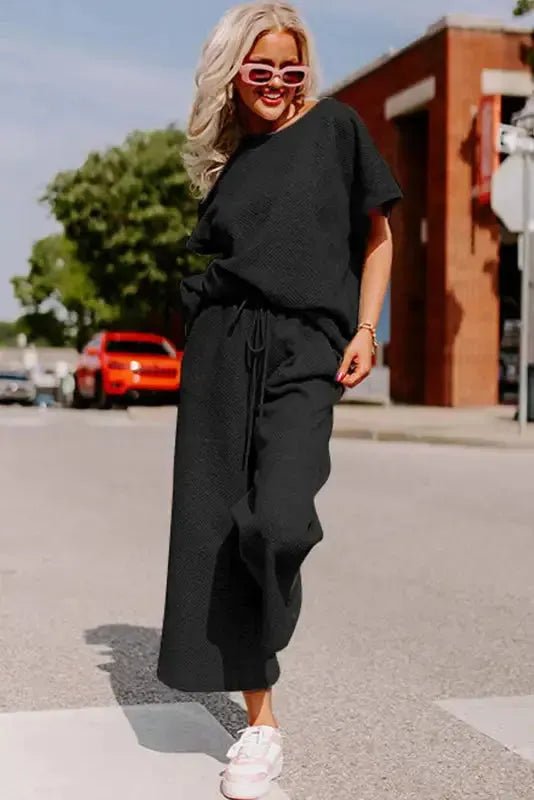 Black Textured Loose Fit T Shirt and Drawstring Pants Set - StepByStep