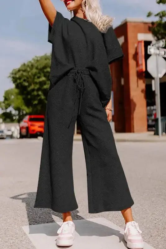 Black Textured Loose Fit T Shirt and Drawstring Pants Set - StepByStep