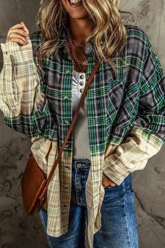 Blackish Green Contrast Plaid Patchwork Chest Pocket Button up Shacket - StepByStep