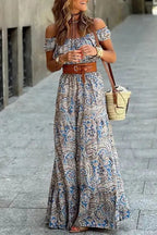 Blue Boho Paisley Print Off Shoulder Maxi Dress - StepByStep
