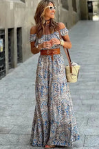 Blue Boho Paisley Print Off Shoulder Maxi Dress - StepByStep