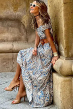 Blue Boho Paisley Print Off Shoulder Maxi Dress - StepByStep
