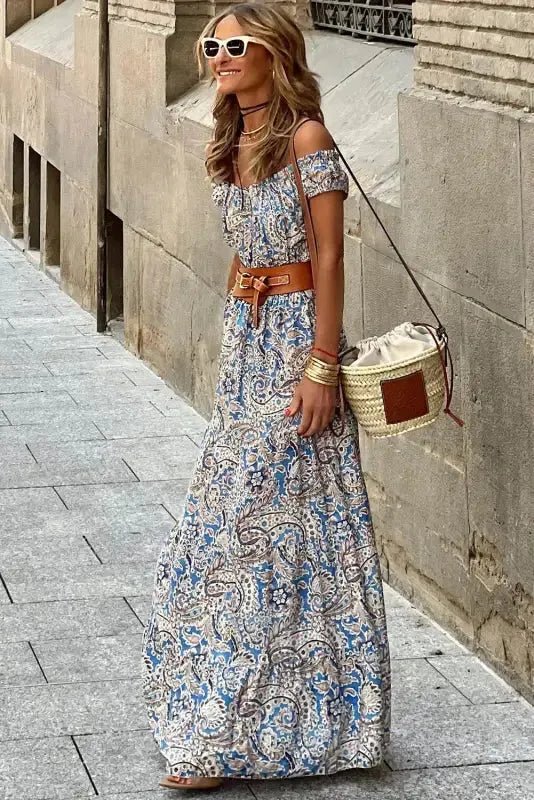 Blue Boho Paisley Print Off Shoulder Maxi Dress - StepByStep