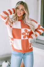 Brown Checkered Floral Print Striped Sleeve Sweater - StepByStep