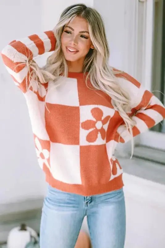 Brown Checkered Floral Print Striped Sleeve Sweater - StepByStep