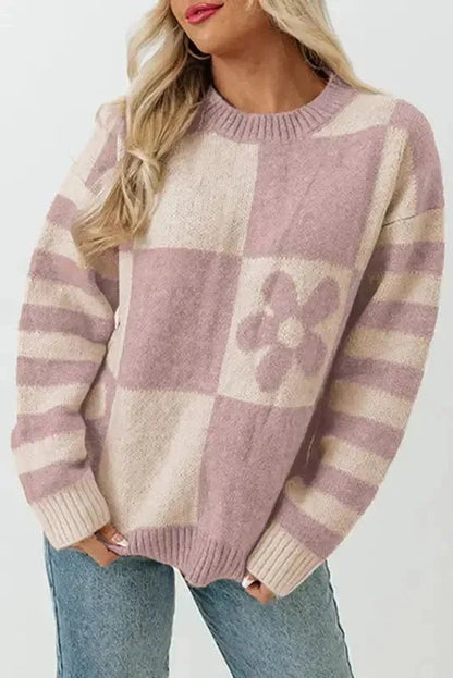 Brown Checkered Floral Print Striped Sleeve Sweater - StepByStep