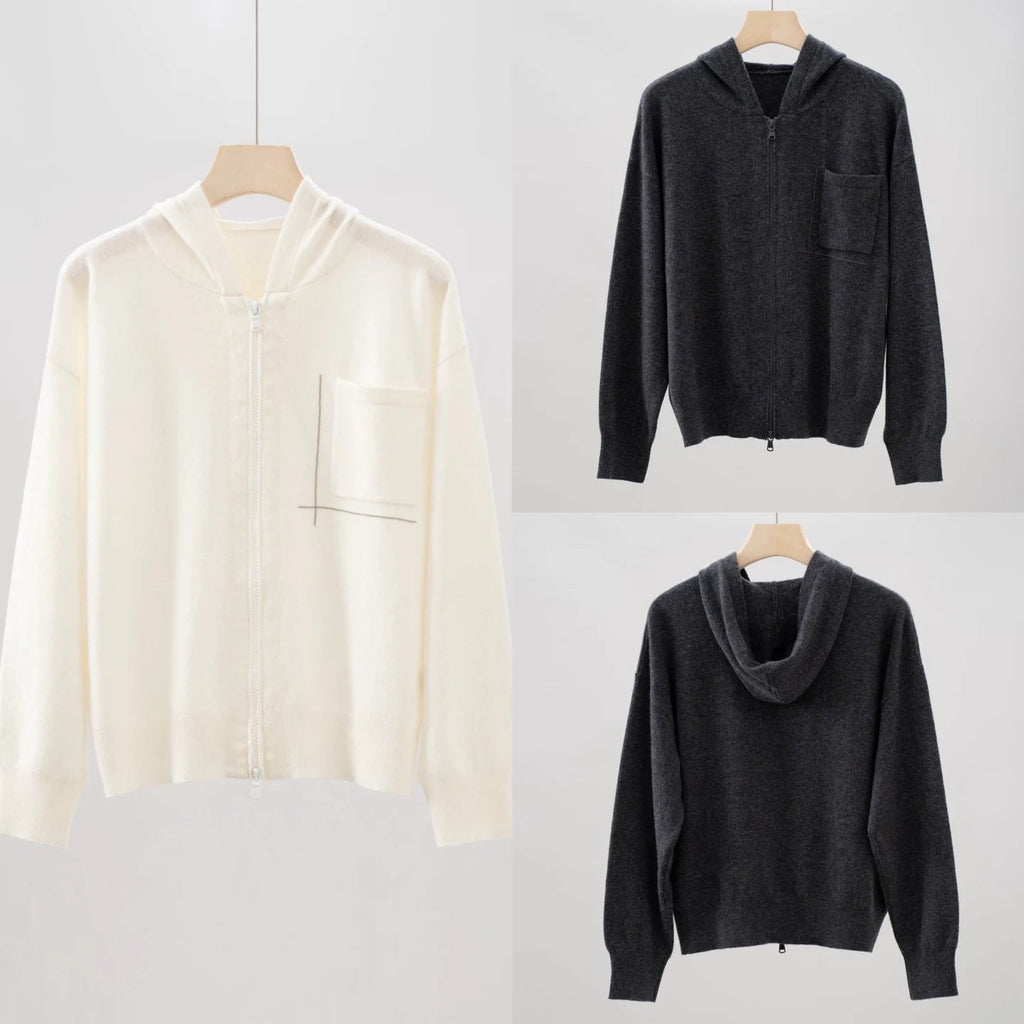 Cappotto maglione con cerniera femminile con tasca con perline cardigan lavorato a maglia con cappuccio 100% cashmere da donna - StepByStepNow