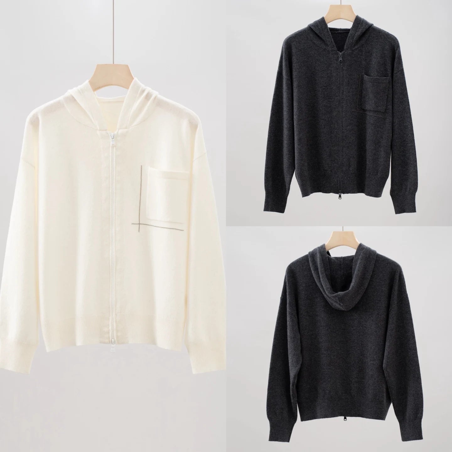 Cappotto maglione con cerniera femminile con tasca con perline cardigan lavorato a maglia con cappuccio 100% cashmere da donna - StepByStepNow