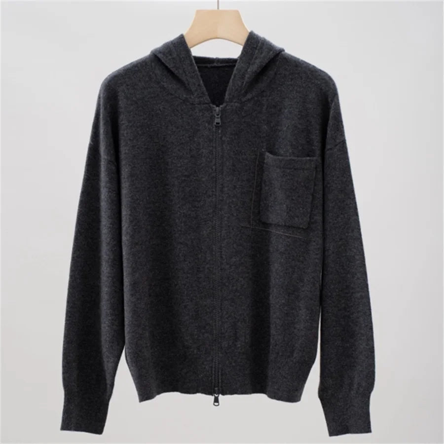 Cappotto maglione con cerniera femminile con tasca con perline cardigan lavorato a maglia con cappuccio 100% cashmere da donna - StepByStepNow