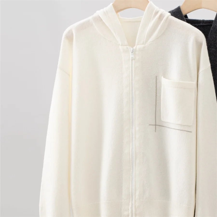 Cappotto maglione con cerniera femminile con tasca con perline cardigan lavorato a maglia con cappuccio 100% cashmere da donna - StepByStepNow