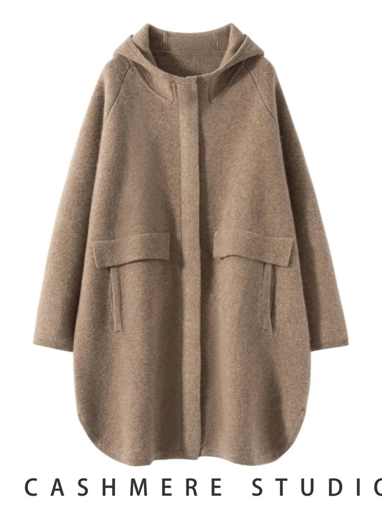 Cappotto maglione lungo con cappuccio in cashmere 100% da donna di lusso allentato con cappotto in cashmere tascabile Cardigan con cerniera in maglia spessa autunno inverno - StepByStepNow