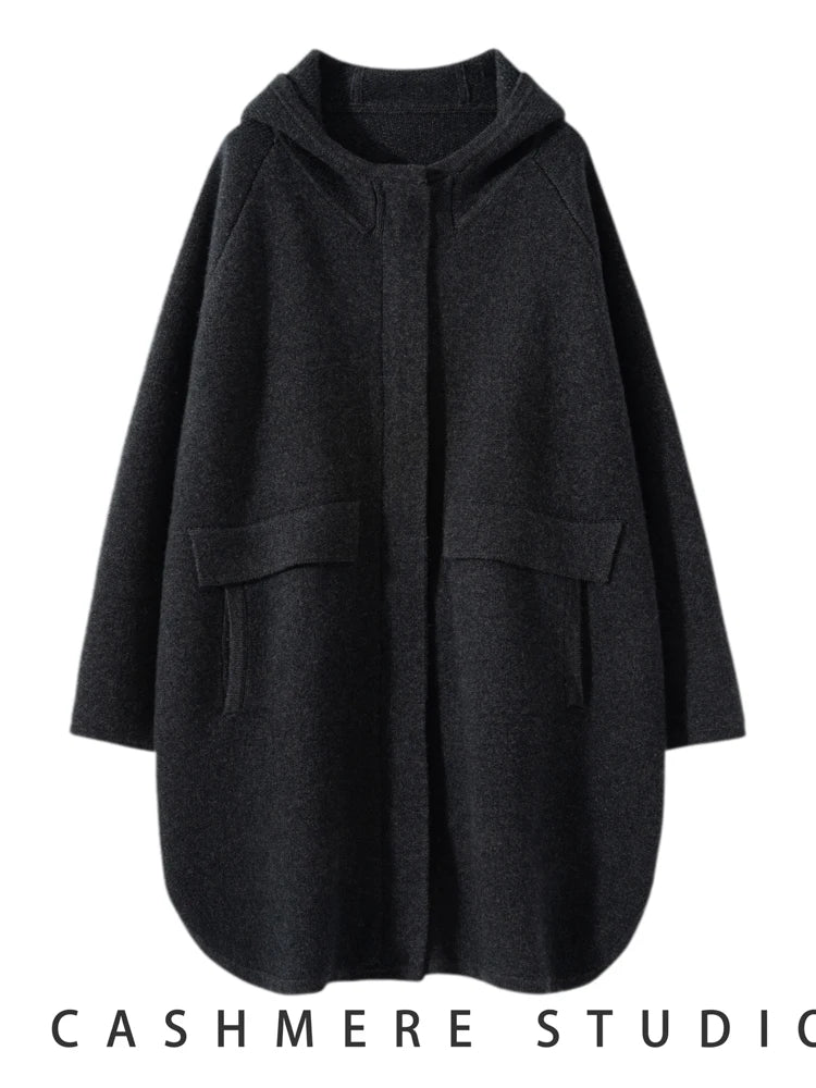 Cappotto maglione lungo con cappuccio in cashmere 100% da donna di lusso allentato con cappotto in cashmere tascabile Cardigan con cerniera in maglia spessa autunno inverno - StepByStepNow