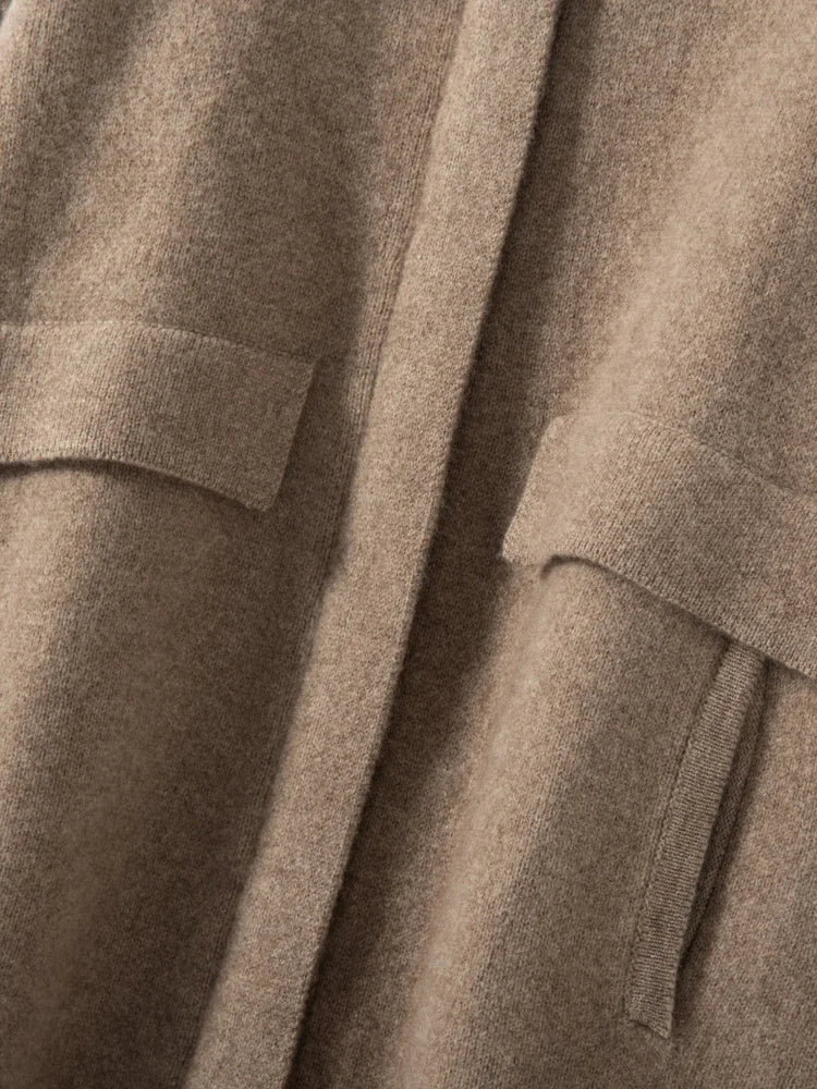 Cappotto maglione lungo con cappuccio in cashmere 100% da donna di lusso allentato con cappotto in cashmere tascabile Cardigan con cerniera in maglia spessa autunno inverno - StepByStepNow