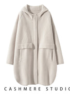 Cappotto maglione lungo con cappuccio in cashmere 100% da donna di lusso allentato con cappotto in cashmere tascabile Cardigan con cerniera in maglia spessa autunno inverno - StepByStepNow