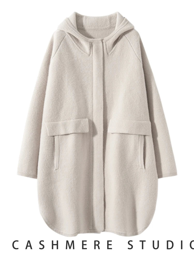 Cappotto maglione lungo con cappuccio in cashmere 100% da donna di lusso allentato con cappotto in cashmere tascabile Cardigan con cerniera in maglia spessa autunno inverno - StepByStepNow