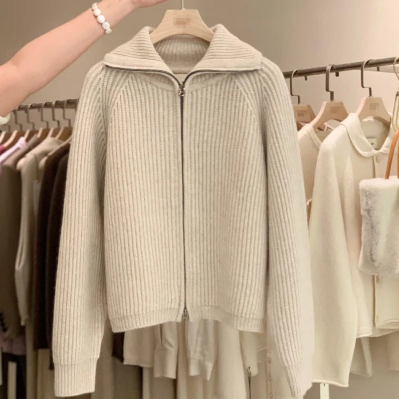 Cardigan da donna in puro cashmere al 100% con cerniera, cappotto lavorato a maglia, maglione ispessito, risvolto sciolto autunno e inverno. - StepByStepNow