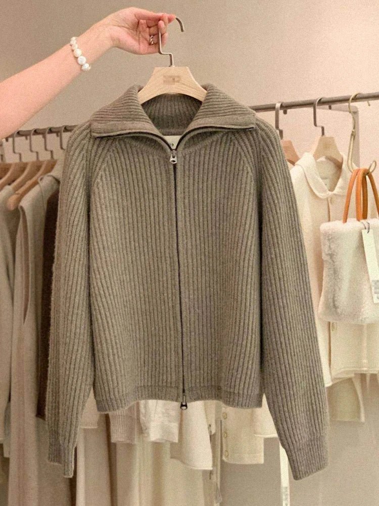 Cardigan da donna in puro cashmere al 100% con cerniera, cappotto lavorato a maglia, maglione ispessito, risvolto sciolto autunno e inverno. - StepByStepNow
