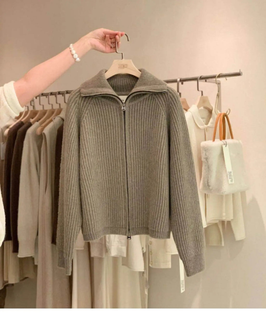 Cardigan da donna in puro cashmere al 100% con cerniera, cappotto lavorato a maglia, maglione ispessito, risvolto sciolto autunno e inverno. - StepByStepNow