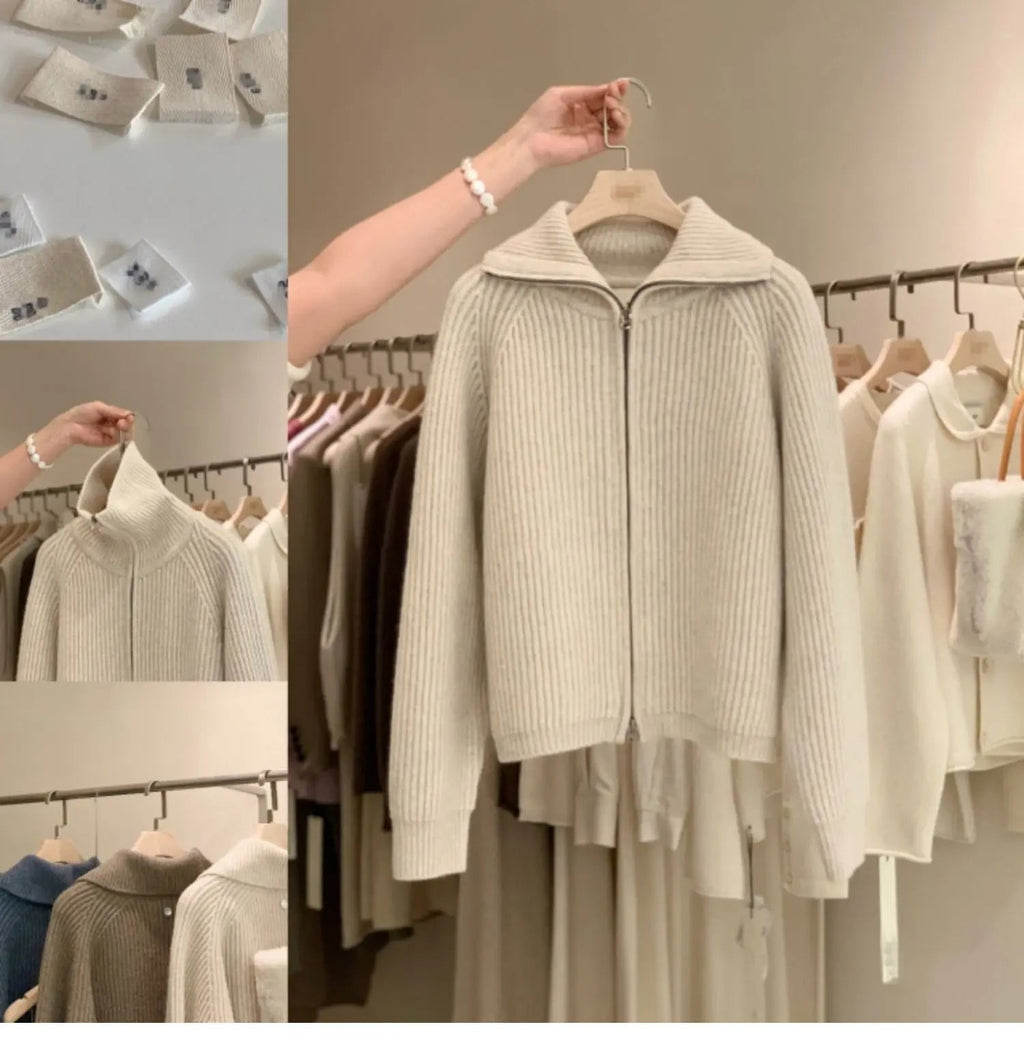 Cardigan da donna in puro cashmere al 100% con cerniera, cappotto lavorato a maglia, maglione ispessito, risvolto sciolto autunno e inverno. - StepByStepNow